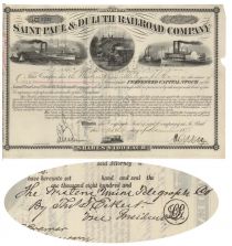 Saint Paul & Duluth Railroad Company Stock Certificate Signed By Thomas Eckert, Close Friend And Confidant Of Lincoln During The Civil War