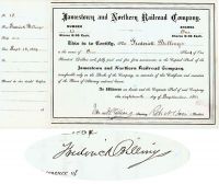 Jamestown And Northern RR Co. Issued To And Signed By Frederick Billings